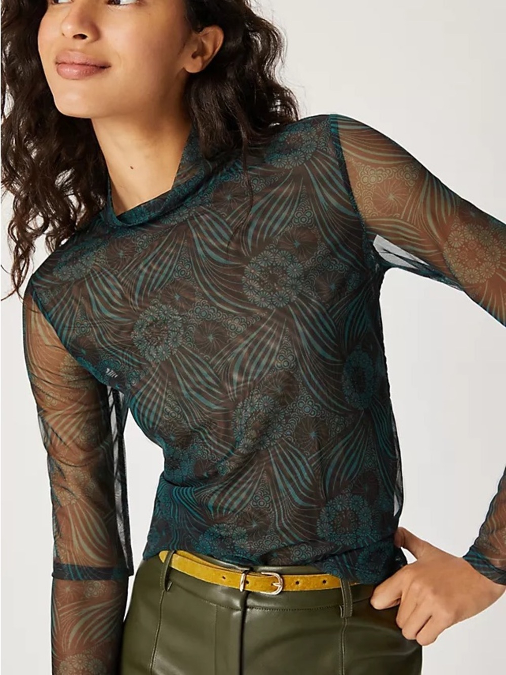 Anthropologie Sheer Floral-Print Mock Neck Top in Teal Green